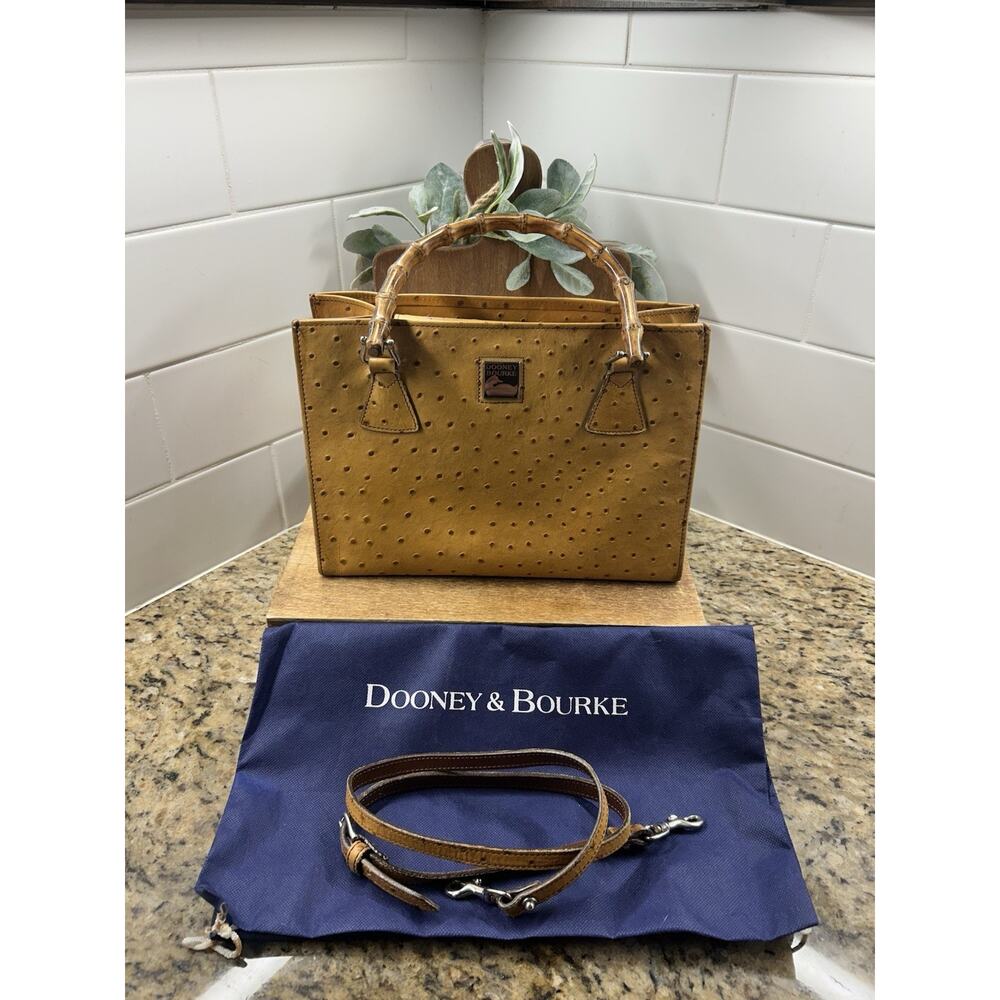 Dooney & Bourke Bamboo Handle Ostrich Leather Satchel Shoulder Bag Tan
